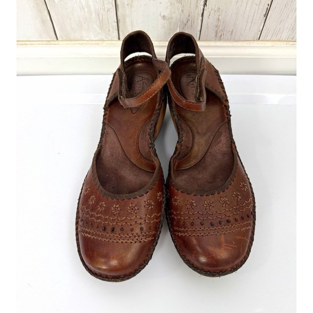 Brown Leather Mary Jane Wedge Heels w/ Ankle Strap Buckle, Women's 8